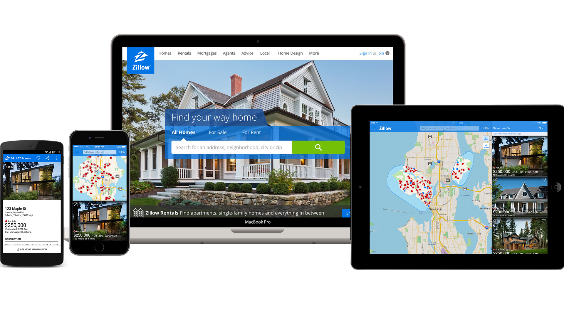 Tablets and phones that show the Zillow app. 