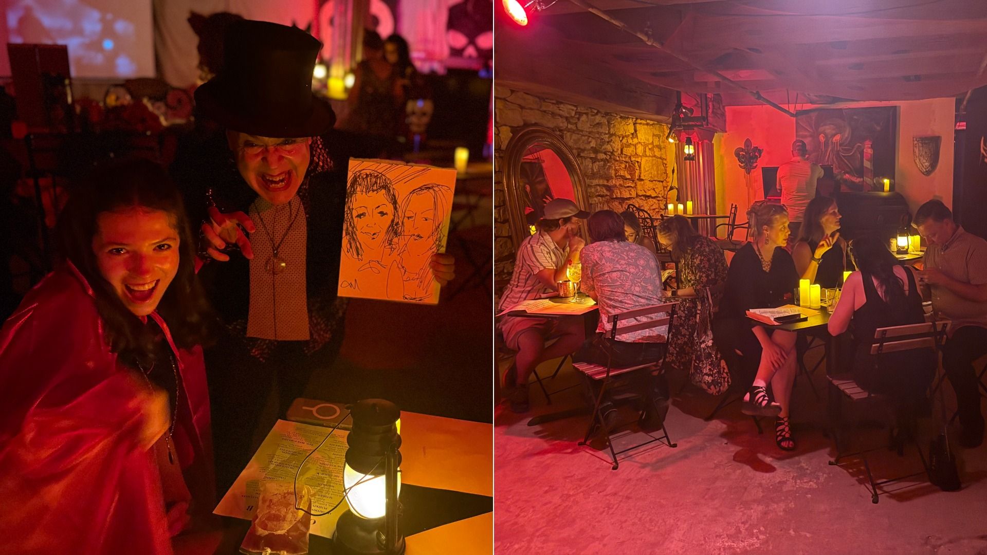 Warm red-lit party scene. Left: smiling woman in red with a man in a tall black top hat holding a sketch of two faces. Right: candlelit dining area with stone walls and groups chatting.