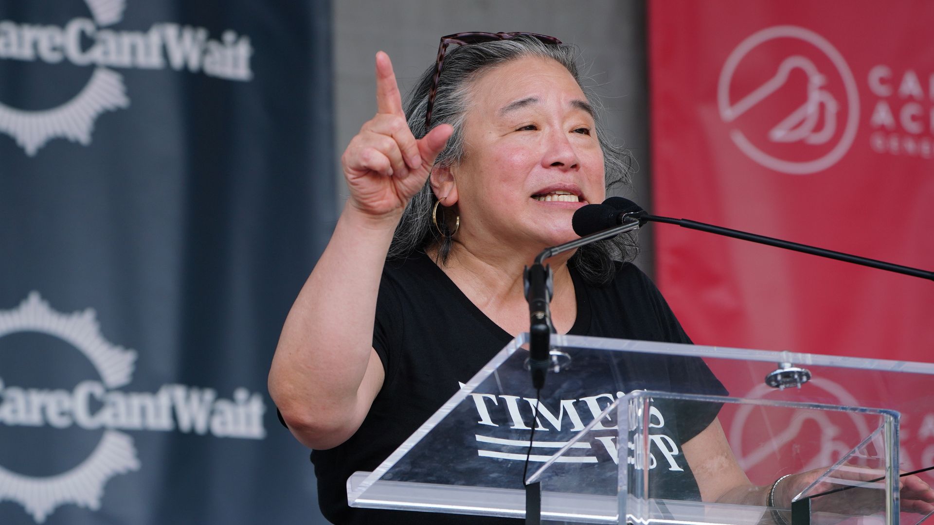 Tina Tchen speaks at a demonstration calling for Care Work to be recognized as Climate Work on July 13.