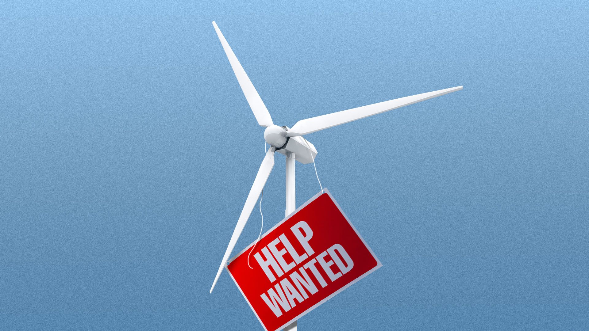 Illustration of a wind turbine with a help wanted sign falling off it.