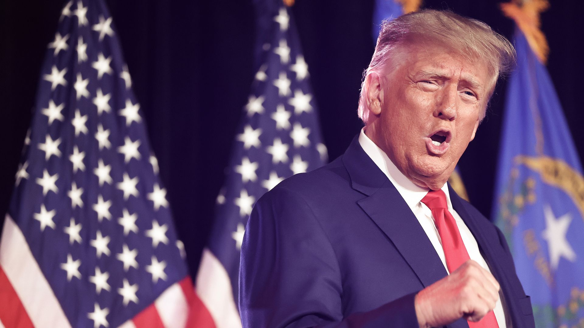 Former U.S. President and Republican presidential candidate Donald Trump gestures as he prepares to deliver remarks at a Nevada Republican volunteer recruiting event at Fervent: A Calvary Chapel on July 8, 2023 in Las Vegas, Nevada. 