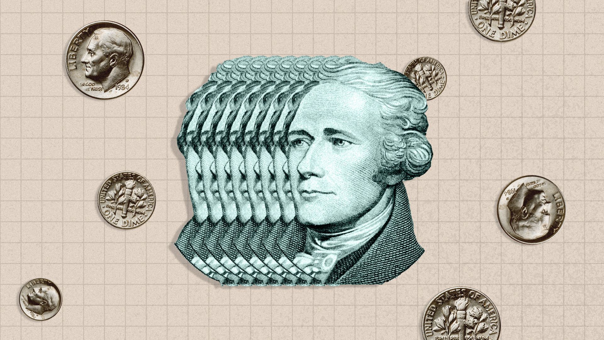 Illustrated collage of a cut out Alexander Hamilton and dimes. 