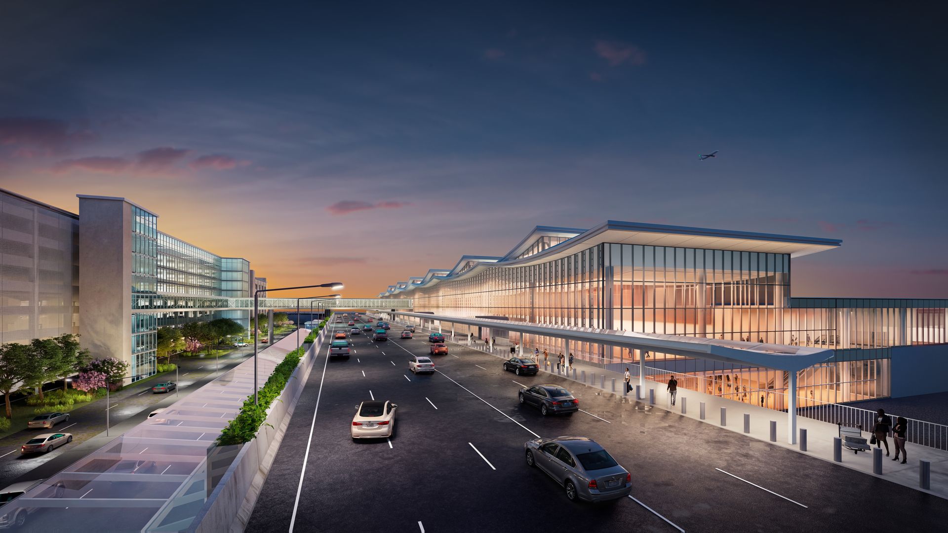 Futuristic glass-terminal airport with elevated walkways along a busy multi-lane road at sunset; cars and pedestrians pass beneath as a small plane flies in the orange-blue sky.