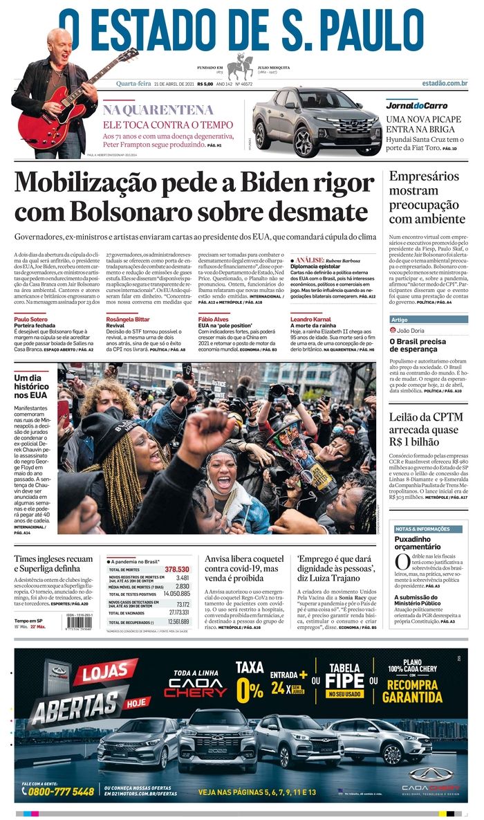Picture of the Front Page of Brazil's O Estado De S. Paulo newspaper