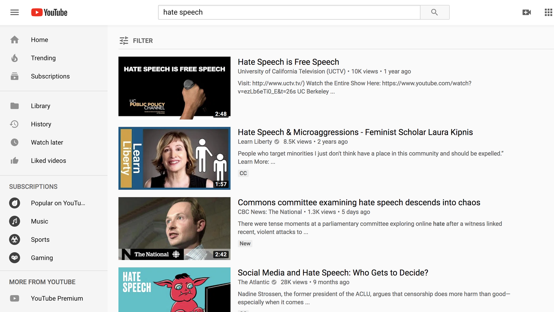 A screenshot of YouTube with "Hate Speech" in the search bar and results