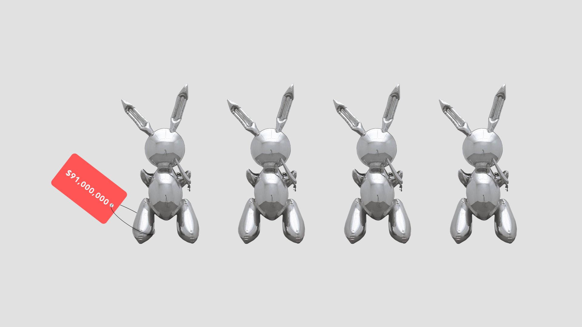 Illustration of four sculpted rabbits. One has a $91,000,000 price tag