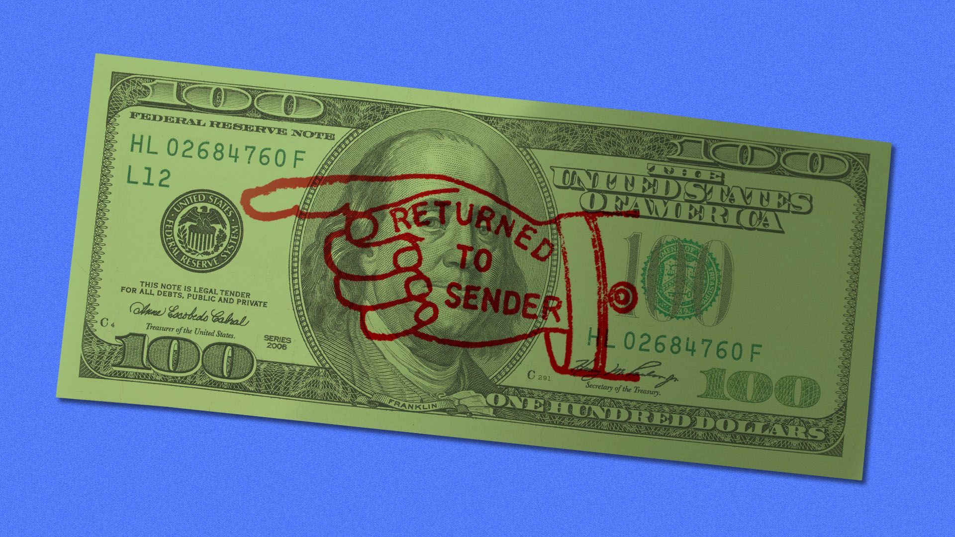 Illustration of a one hundred dollar bill with a returned to sender stamp on it.