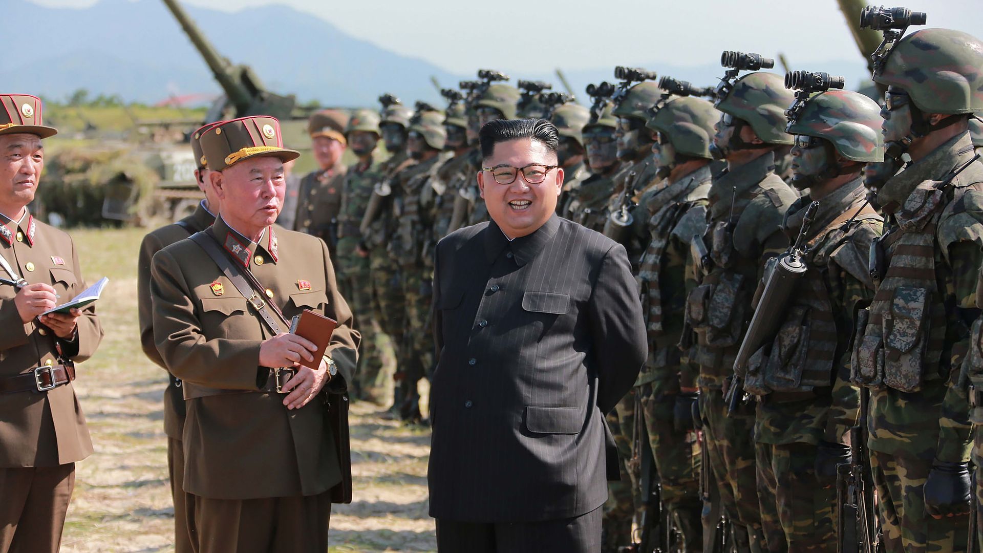 Kim Jong-un with soldiers and artillery