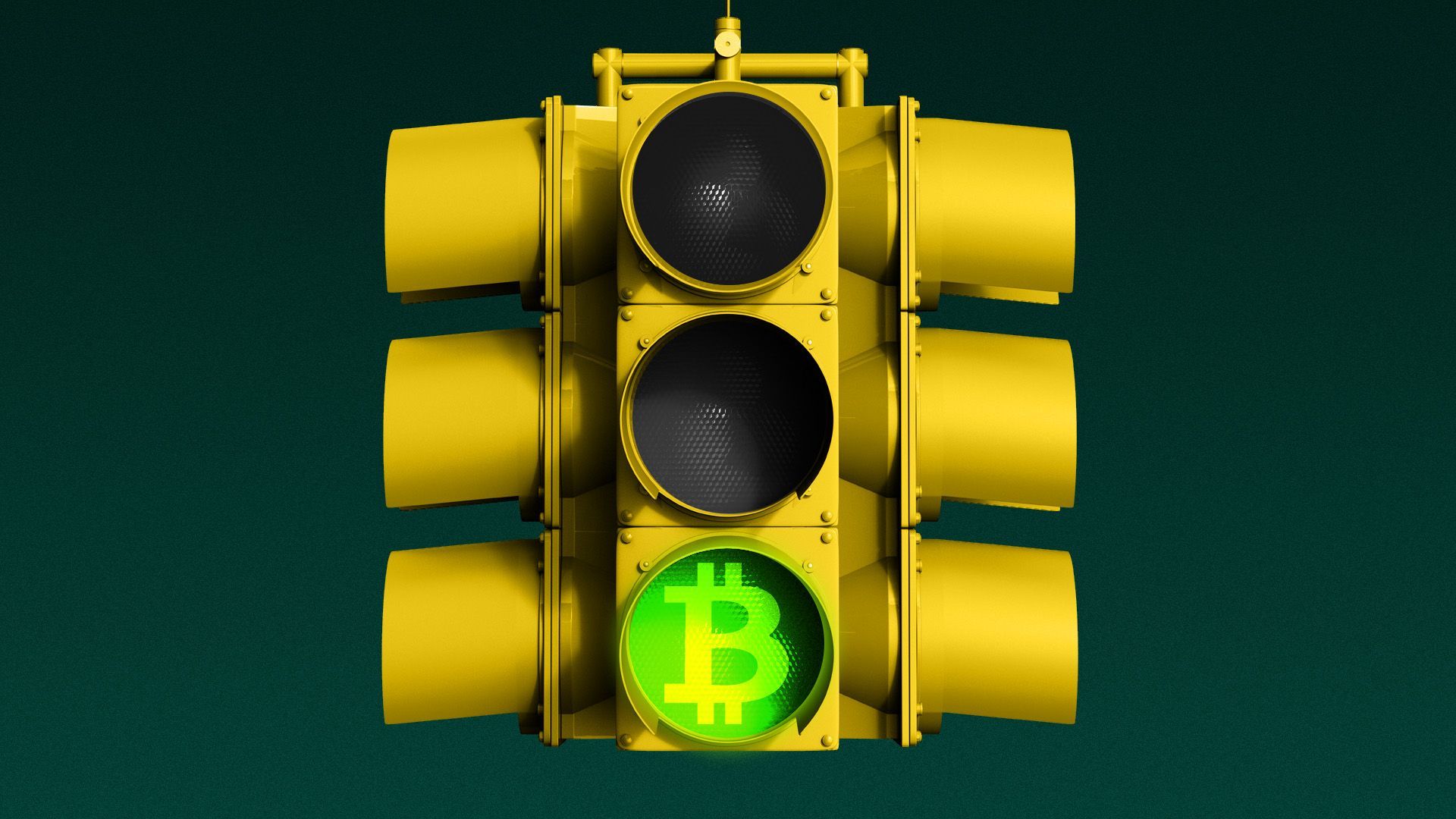 Illustration of a traffic light with the green light featuring a bitcoin symbol