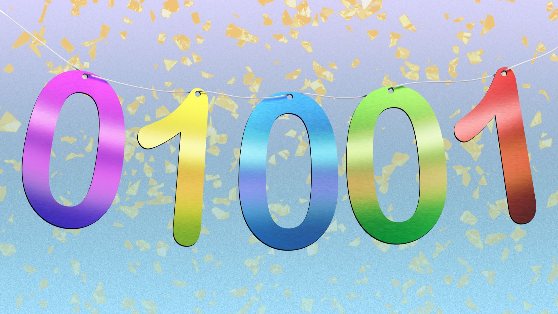 Illustration of binary code strung up like party letters with confetti behind it