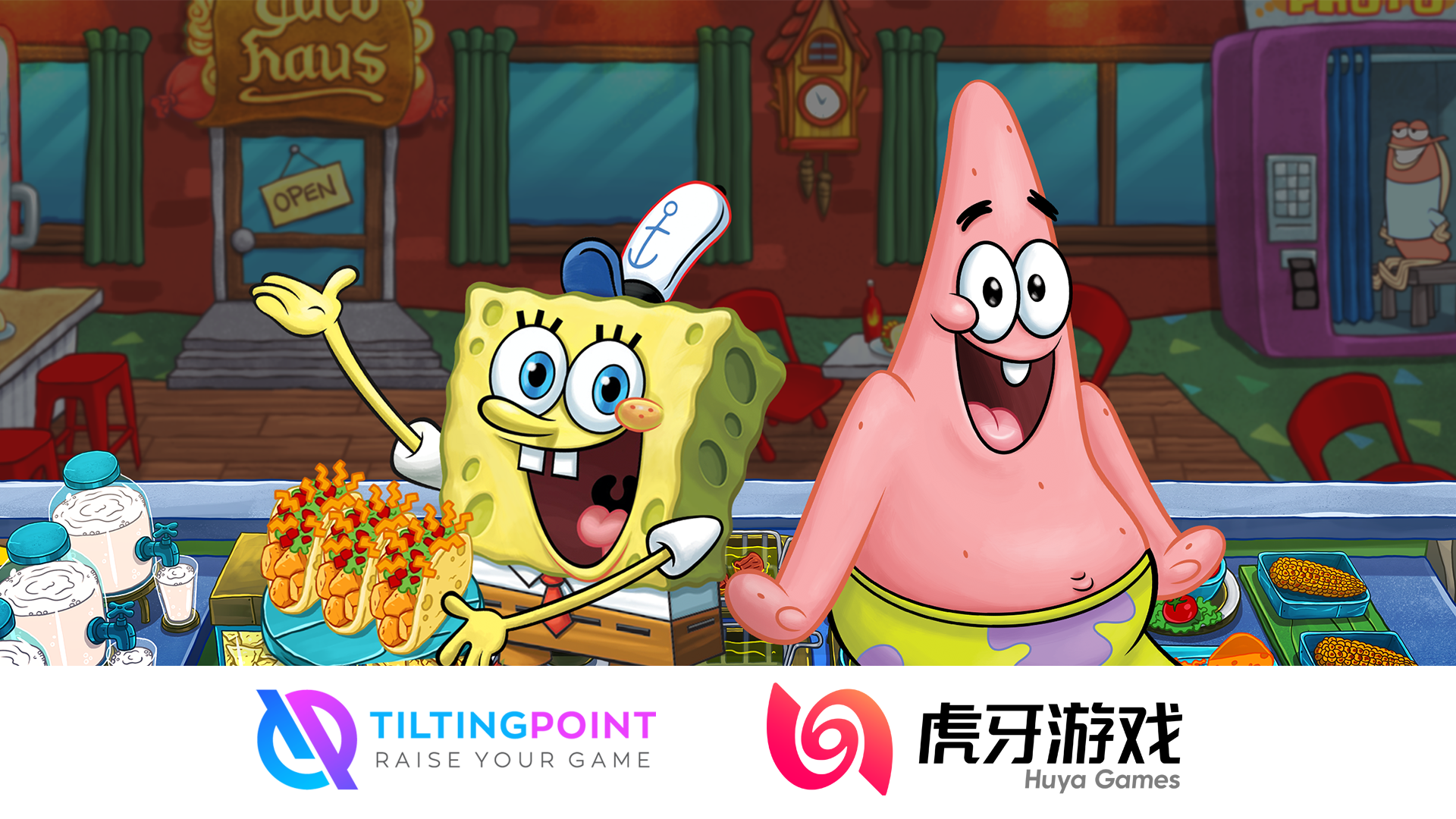 Image of SpongeBob characters in a restaurant standing behind logos of two gaming companies