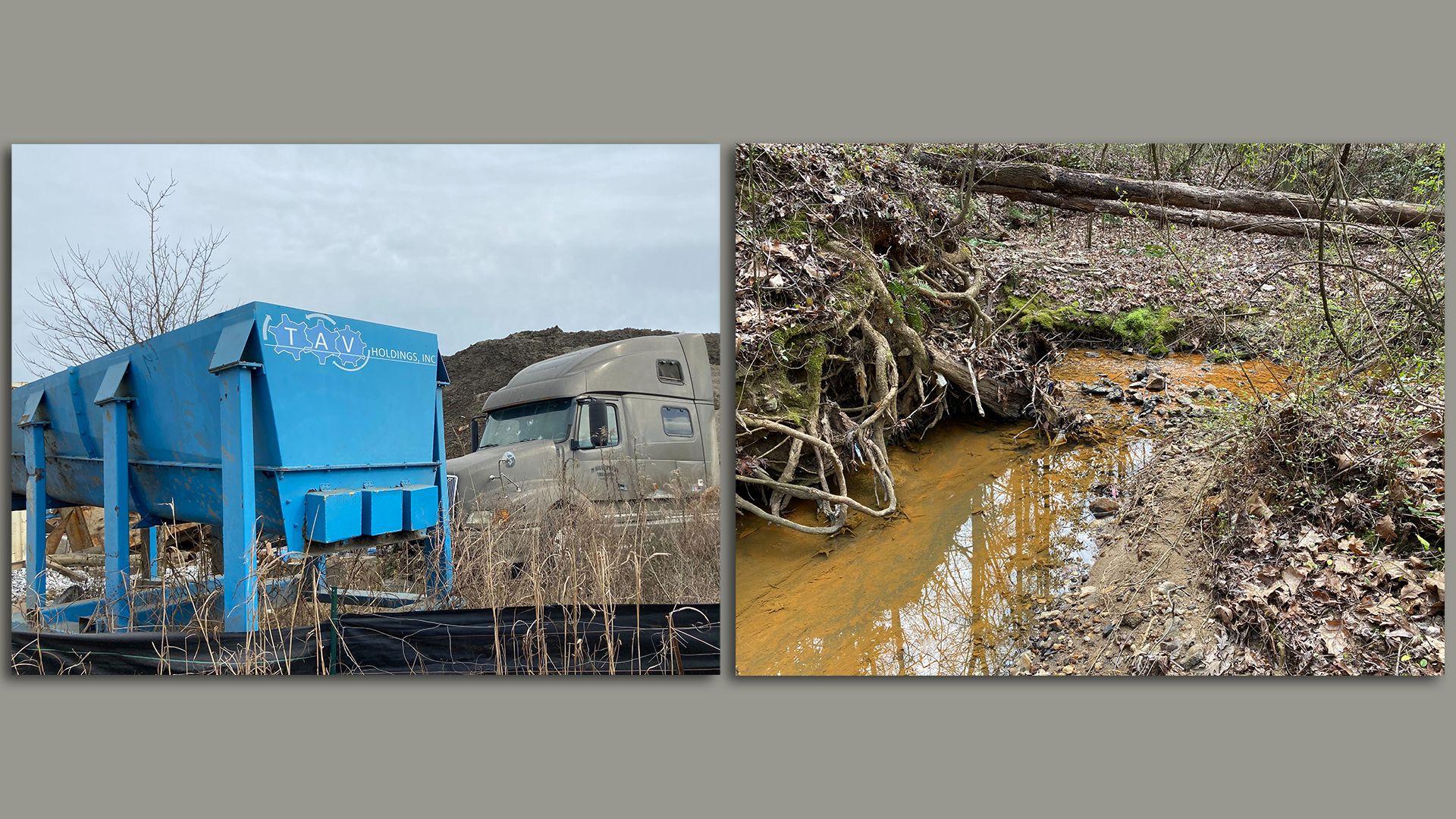 A side-by-side photo of a work site with a blue piece of equipment and big mounds of processed metals and other substances next to a photo of a creek with orange streaks