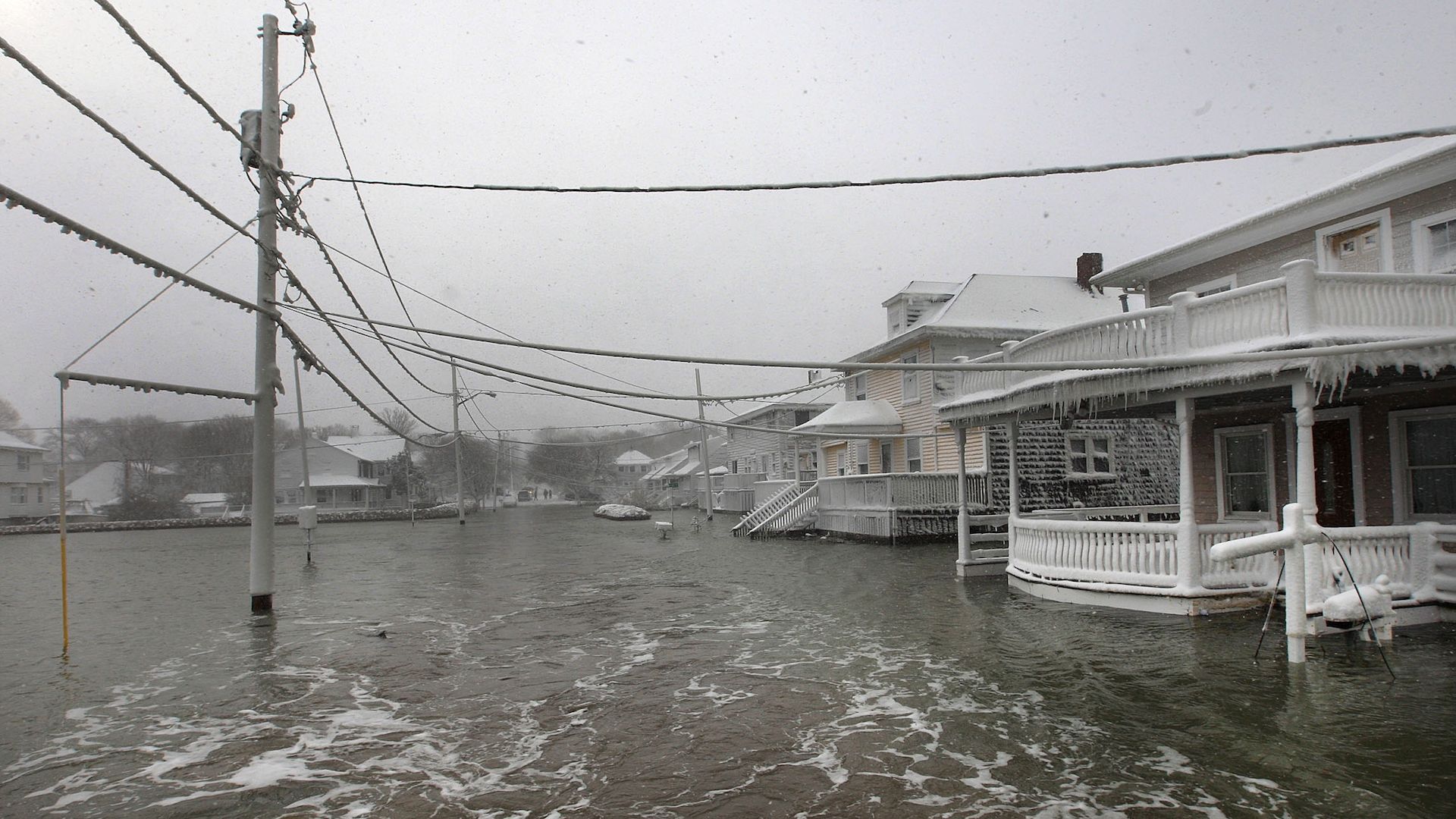 A flooded street after a storm at Turner Road in Scituate, Mass.