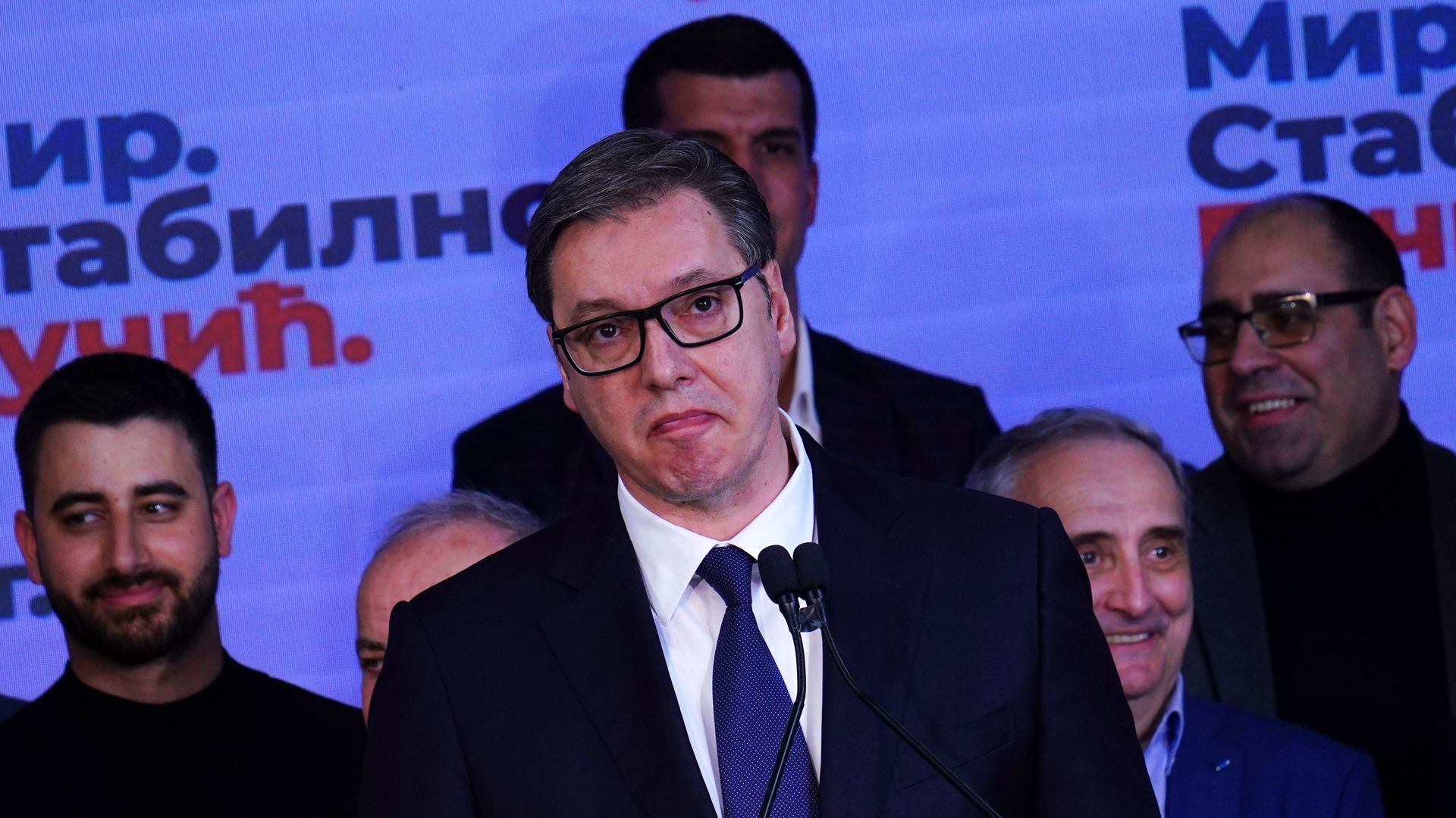 Aleksandar Vucic, Serbia's president, speaks during an election night event 