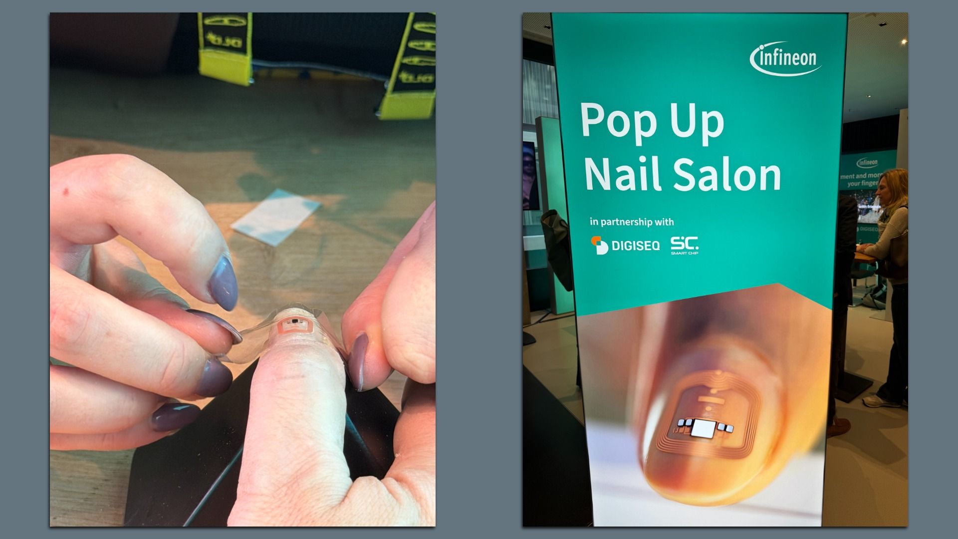 Left: Close-up of hands applying a small transparent electronic device on a thumb with purple polish. Right: Sign reads "Pop Up Nail Salon" with logos of Infineon, DIGISEQ, and Smart Chip.