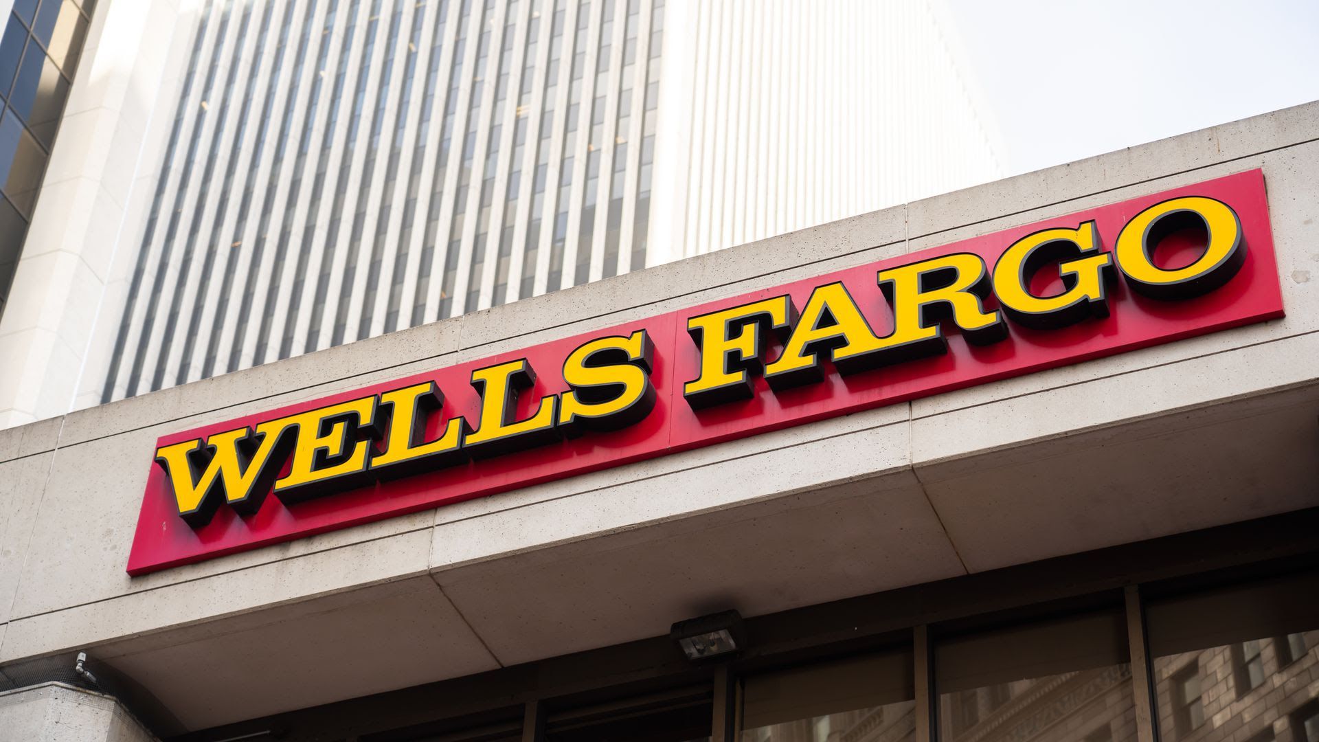 Image showing the Wells Fargo logo on a building.