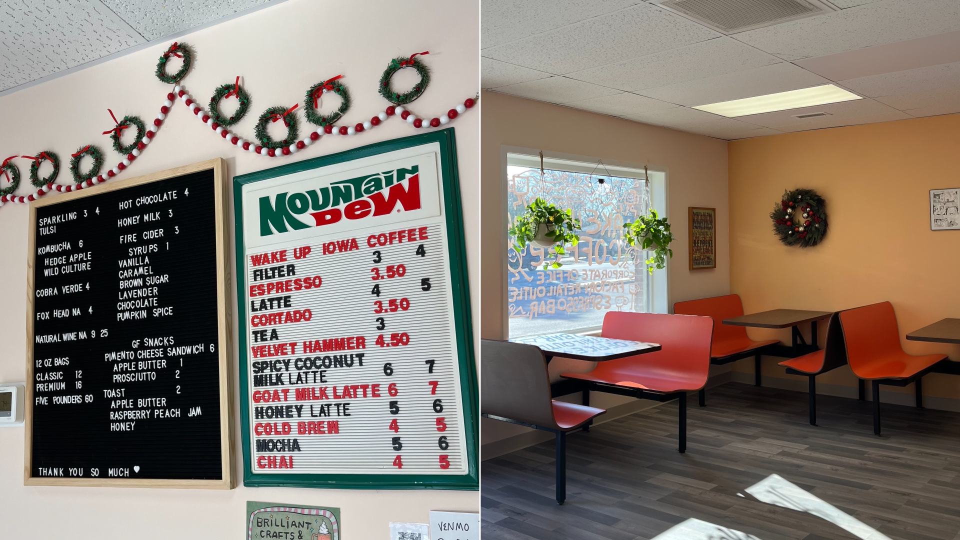 coffee shop menus on the left and an image showing orange booths and tables on the right