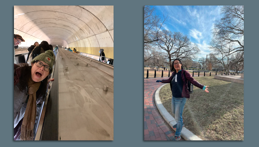 Two photos side by side of a woman posing in front of monuments 