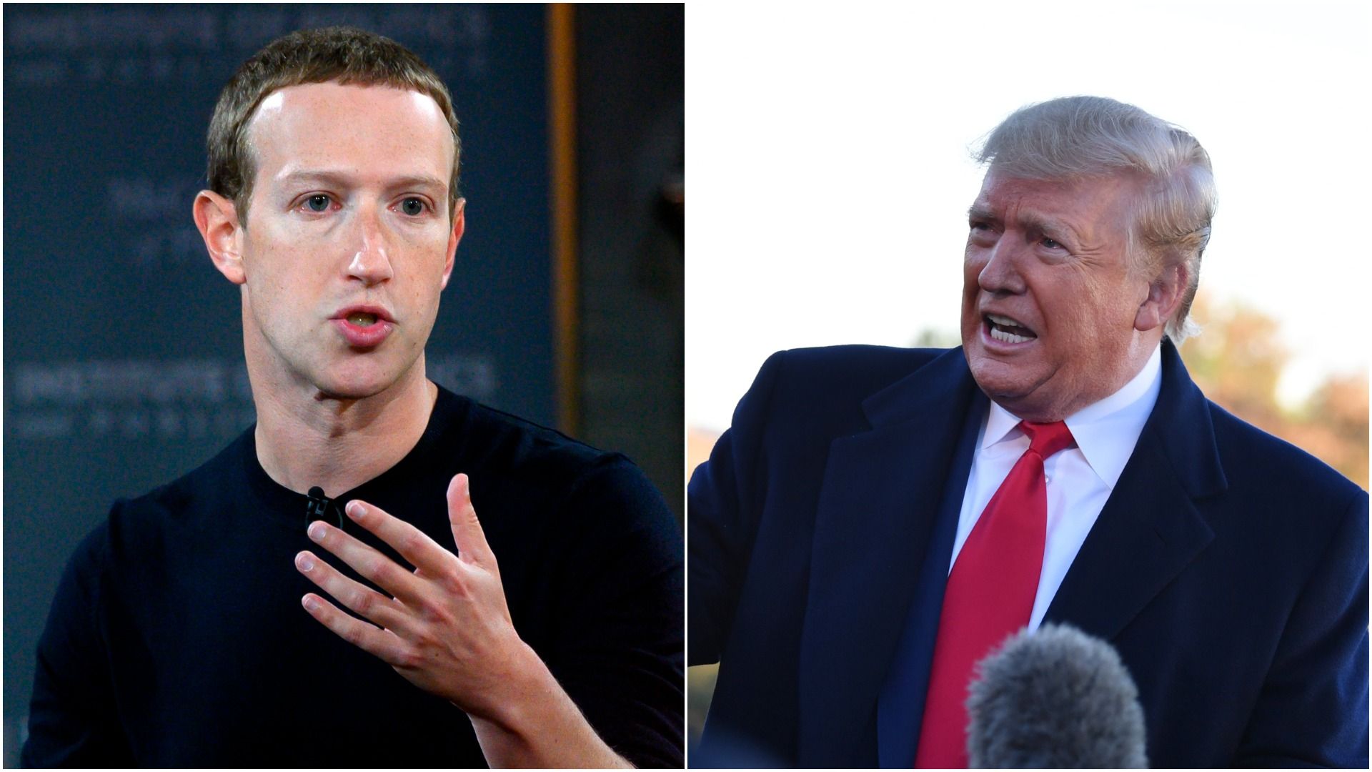 In this split picture, Mark Zuckerberg and Donald Trump are on either side.