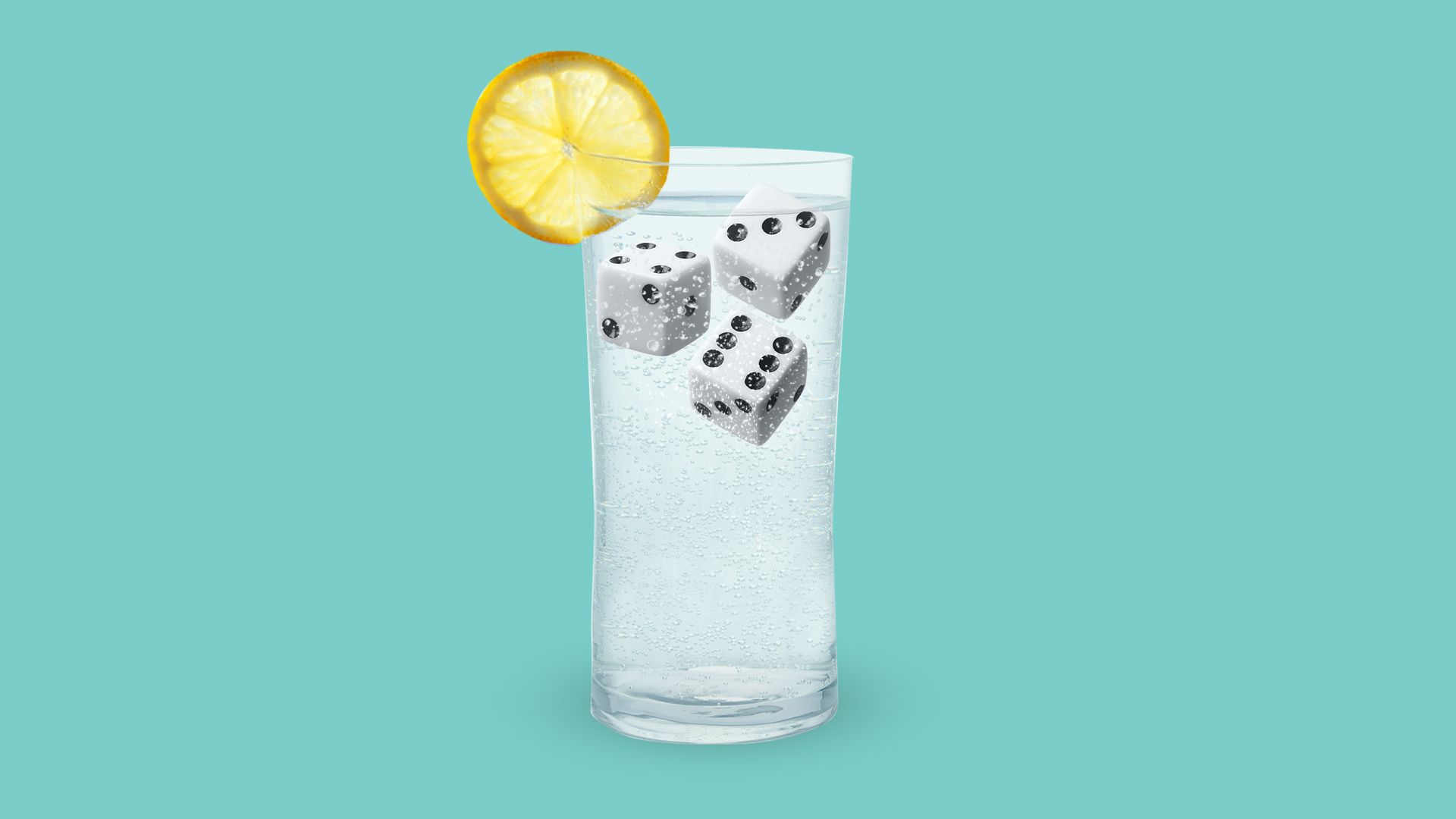 Illustration of a glass of seltzer with dice as ice cubes.
