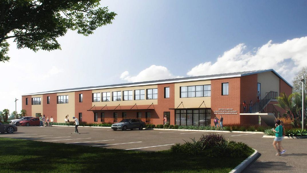 Image shows a rendering of a two-story building in dark red and beige.