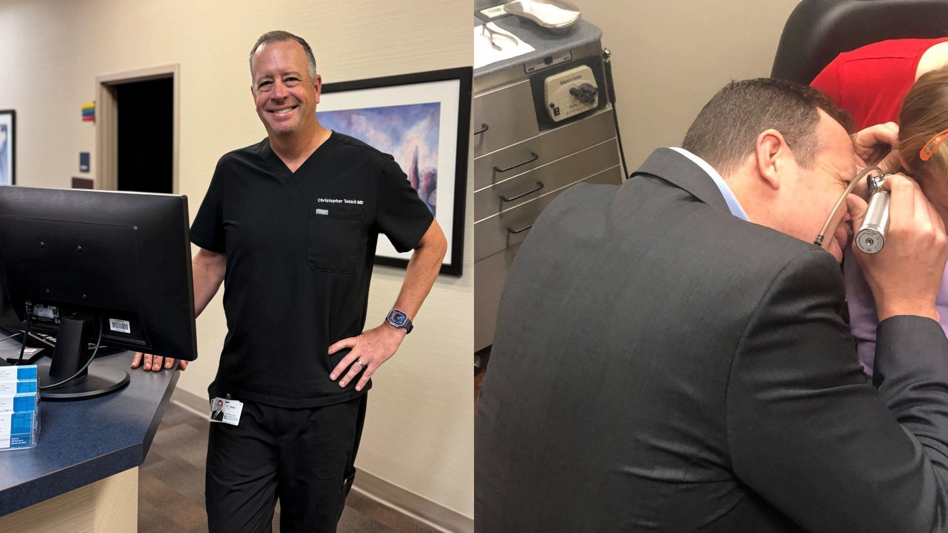 Two-panel scene: left shows a smiling clinician in black scrubs at a reception desk with a computer monitor; right shows a doctor in a suit examining a patient with a handheld instrument.