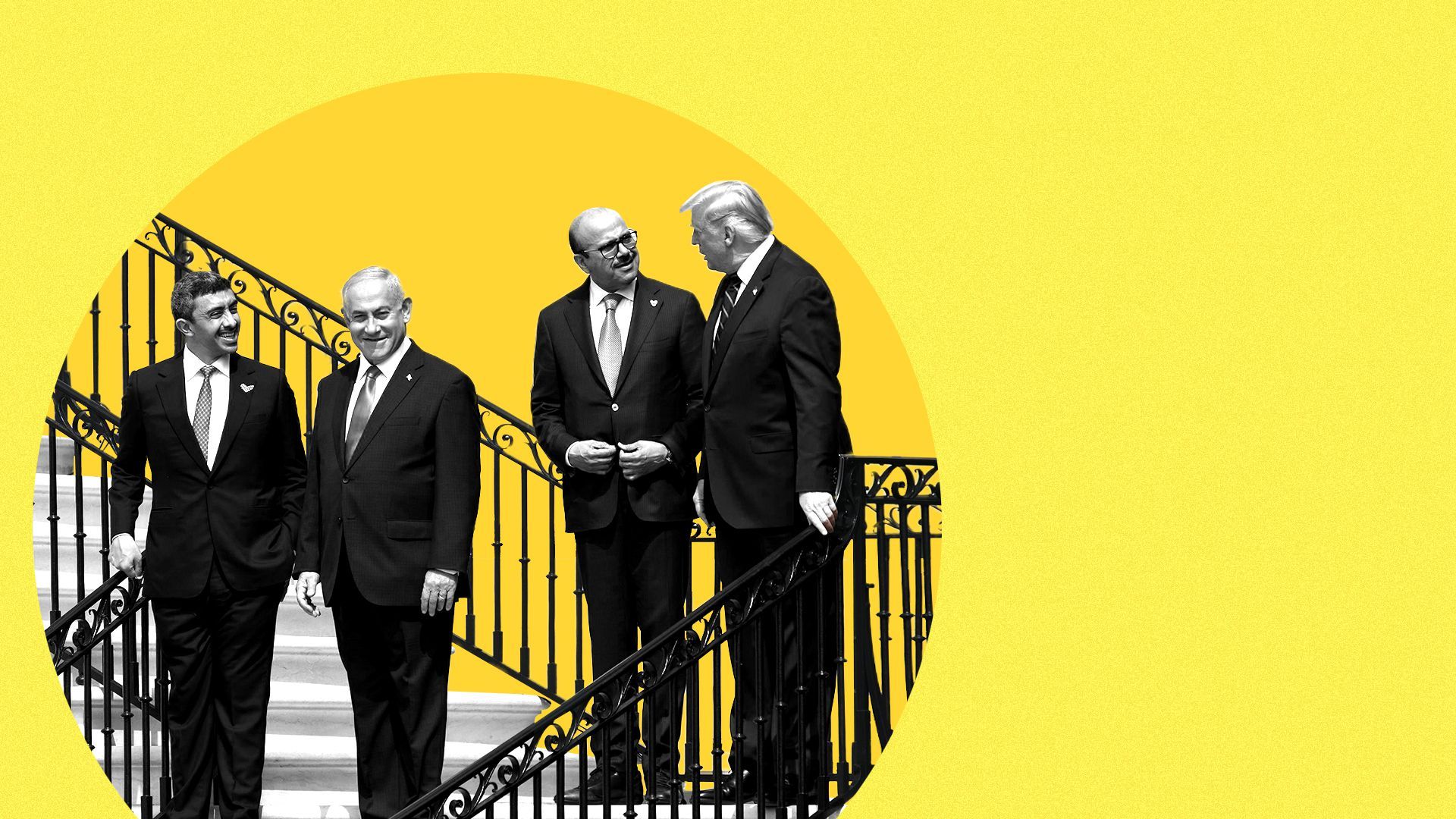 Photo illustration of Abdullah bin Zayed Al Nahyan, Benjamin Netanyahu, Abdullatif bin Rashid Al Zayani, and Donald Trump on stairs at the White House enclosed in a circle graphic.