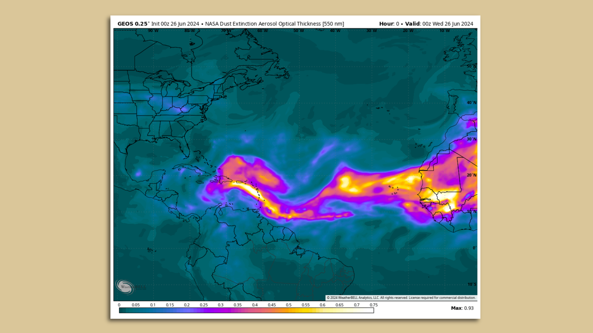 A heat-map style presentation of Saharan dust working toward the Caribbean Sea from North Africa.