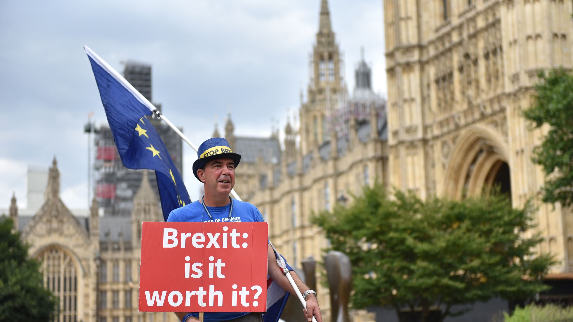 A man holding an anti-Brexit sign outside Westminster