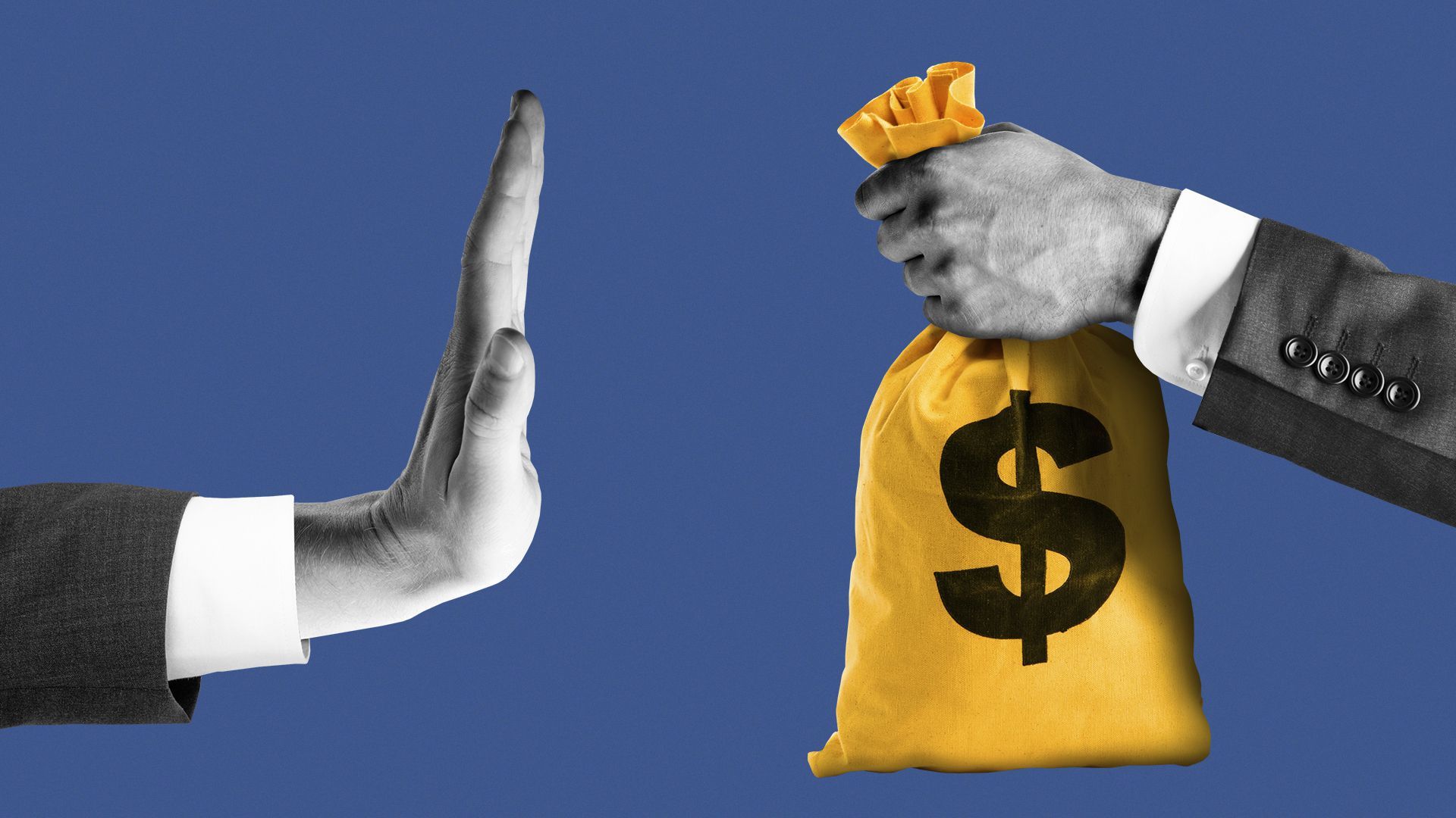 Illustration of hand holding offering a bag of money to another hand, which is refusing the offer.