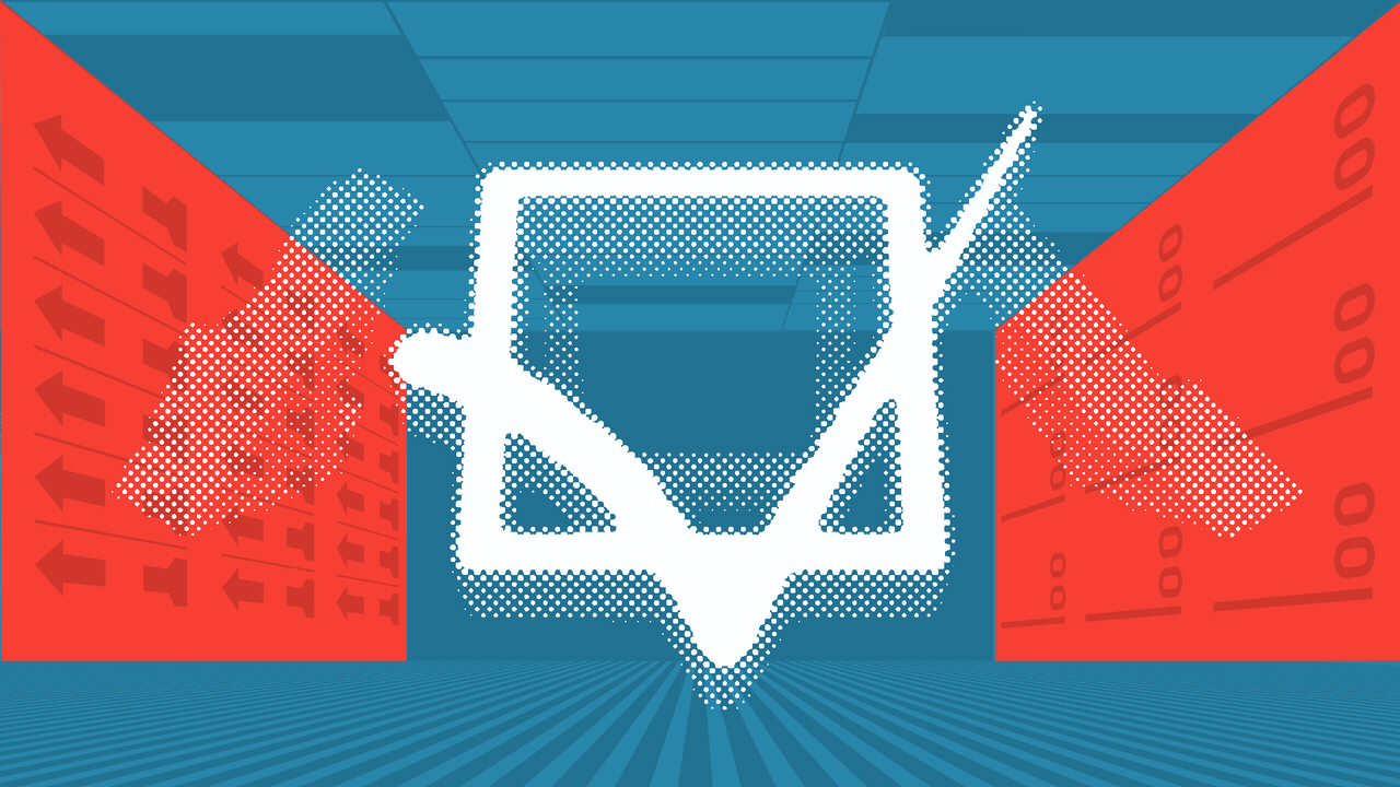 Animated illustration of the state of Virginia rotating to reveal a checkmark over a divided red and blue background with elements of ballots.
