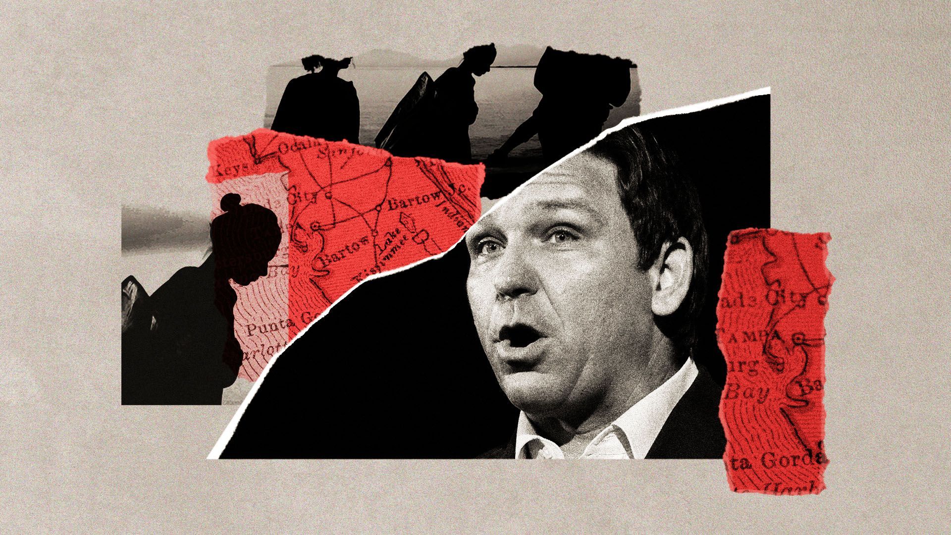 a collage of ron desantis, old maps of south florida and dark silhouettes of people carrying bags