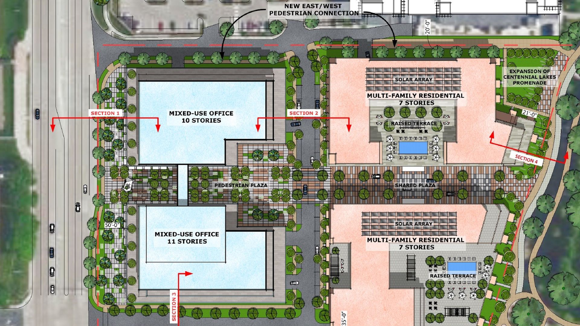 A site plan showing buildings 