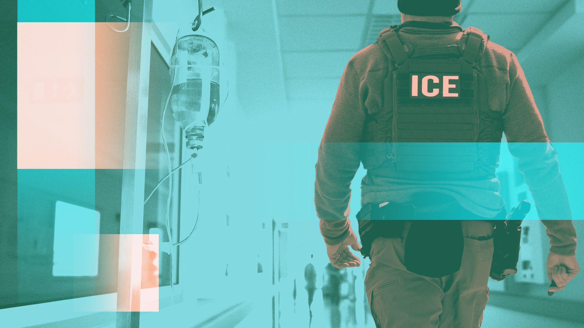 Photo illustration of an ICE agent and a hospital corridor 