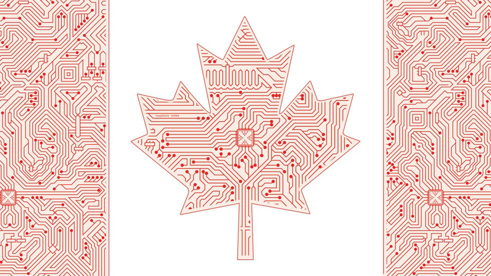 Illustration of the Canadian flag composed of tech circuitry.
