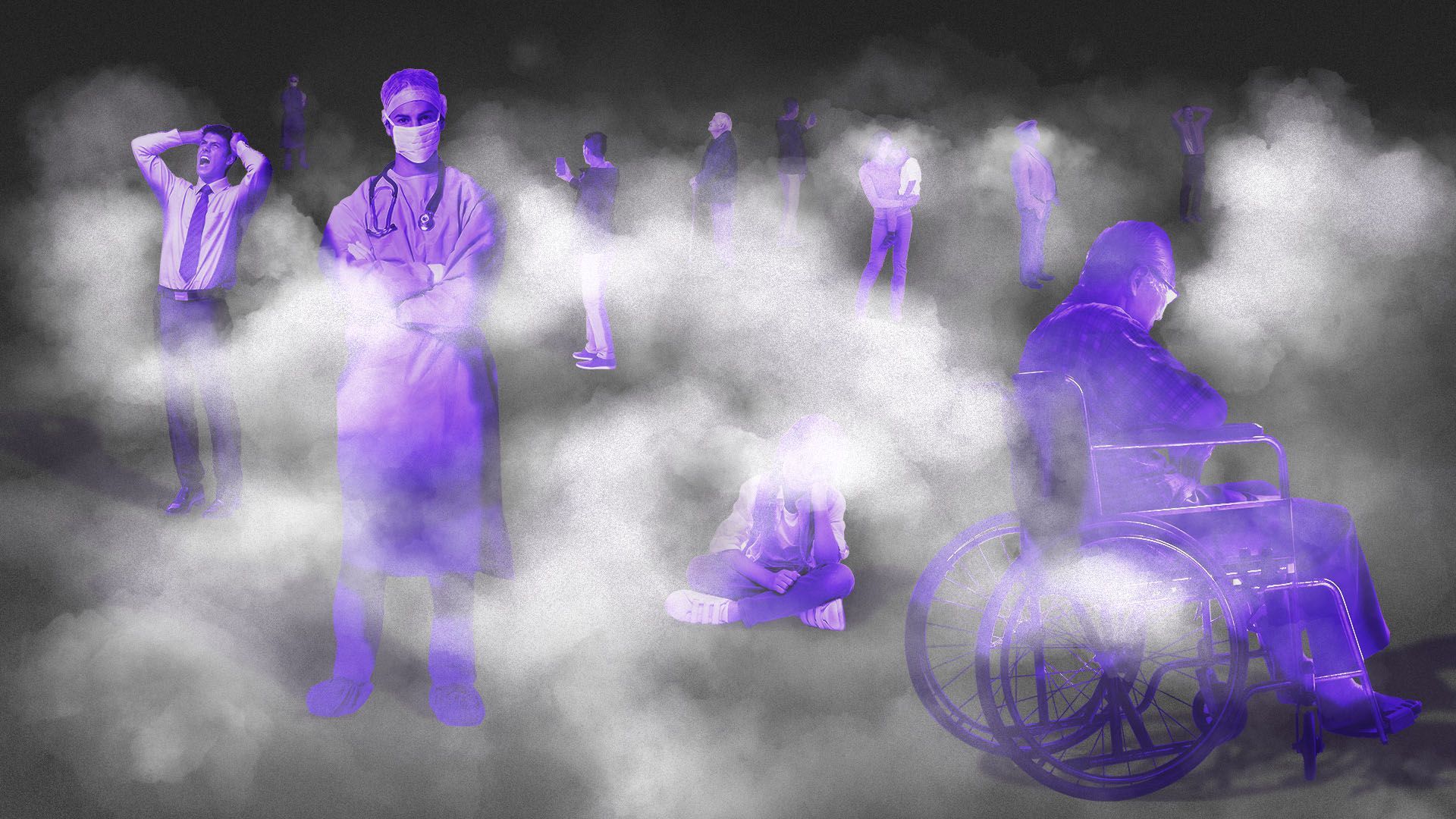 Illustration of various people in a fog
