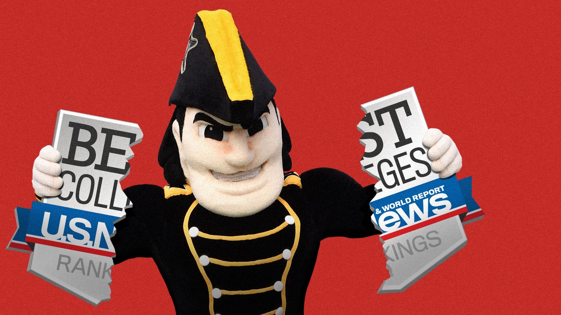 Illustration of the Vanderbilt mascot Mr. Commodore ripping the U.S. News & World Report logo in half.