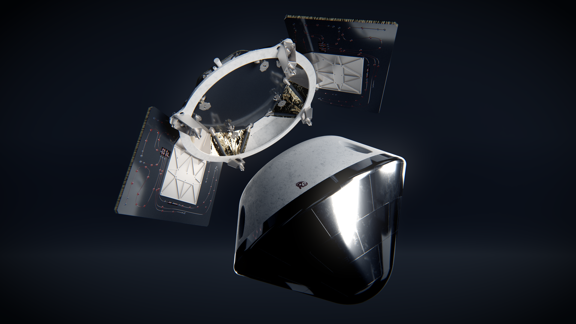 Spacecraft with two rectangular panels and a reflective black and white capsule against a dark background.