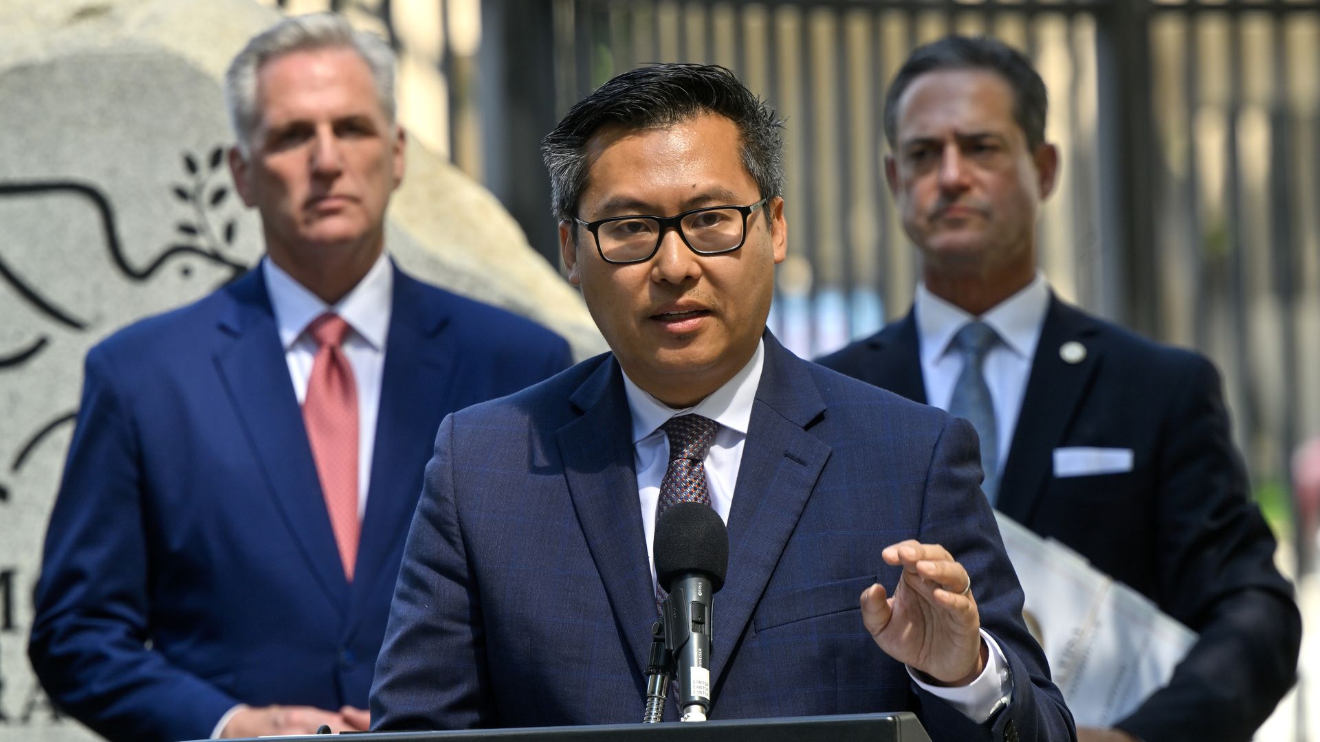 Republican California State Assemblyman Vince Fong speaking during a press conference in Santa Ana.