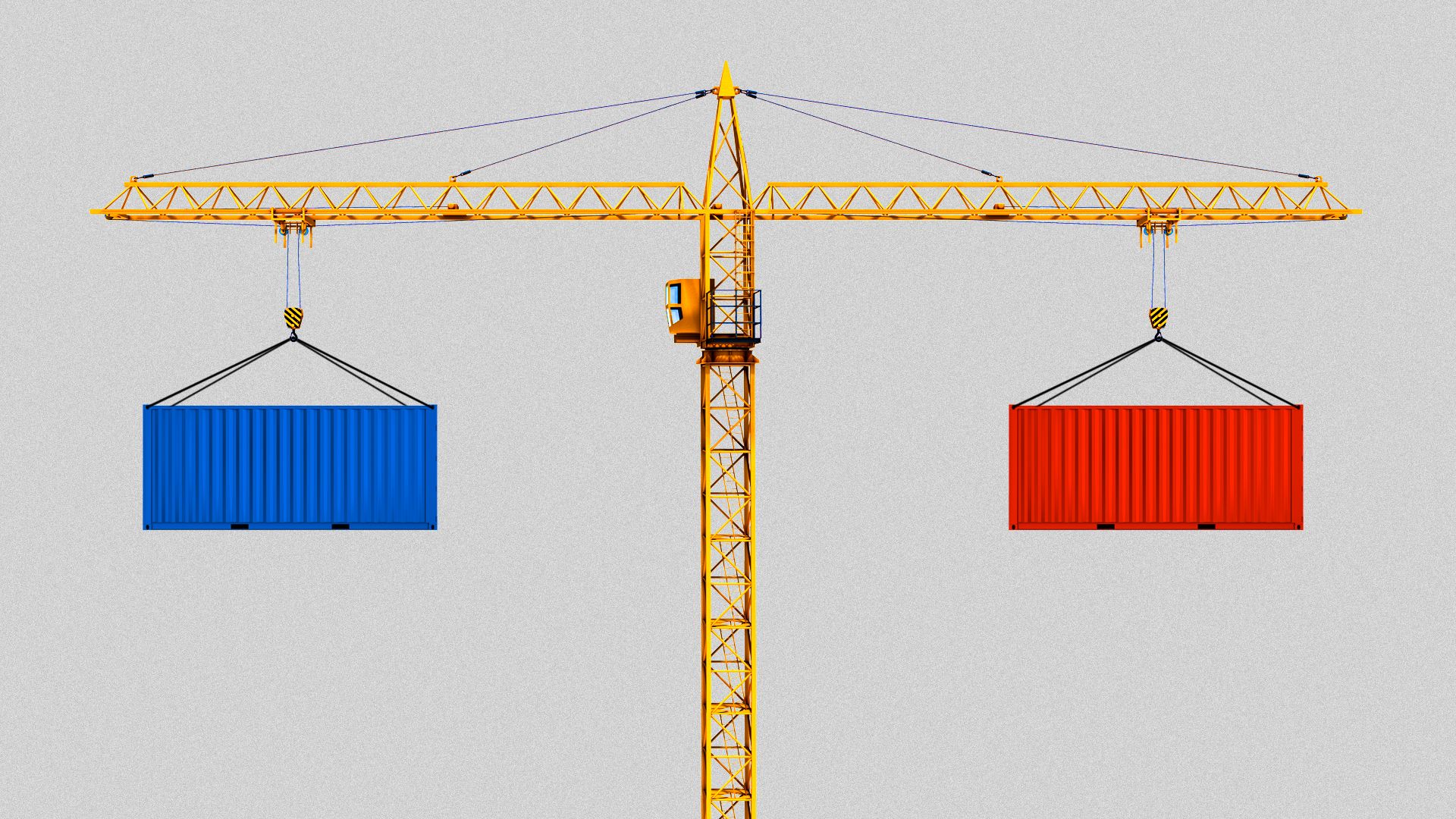 A crane balancing red and blue construction materials