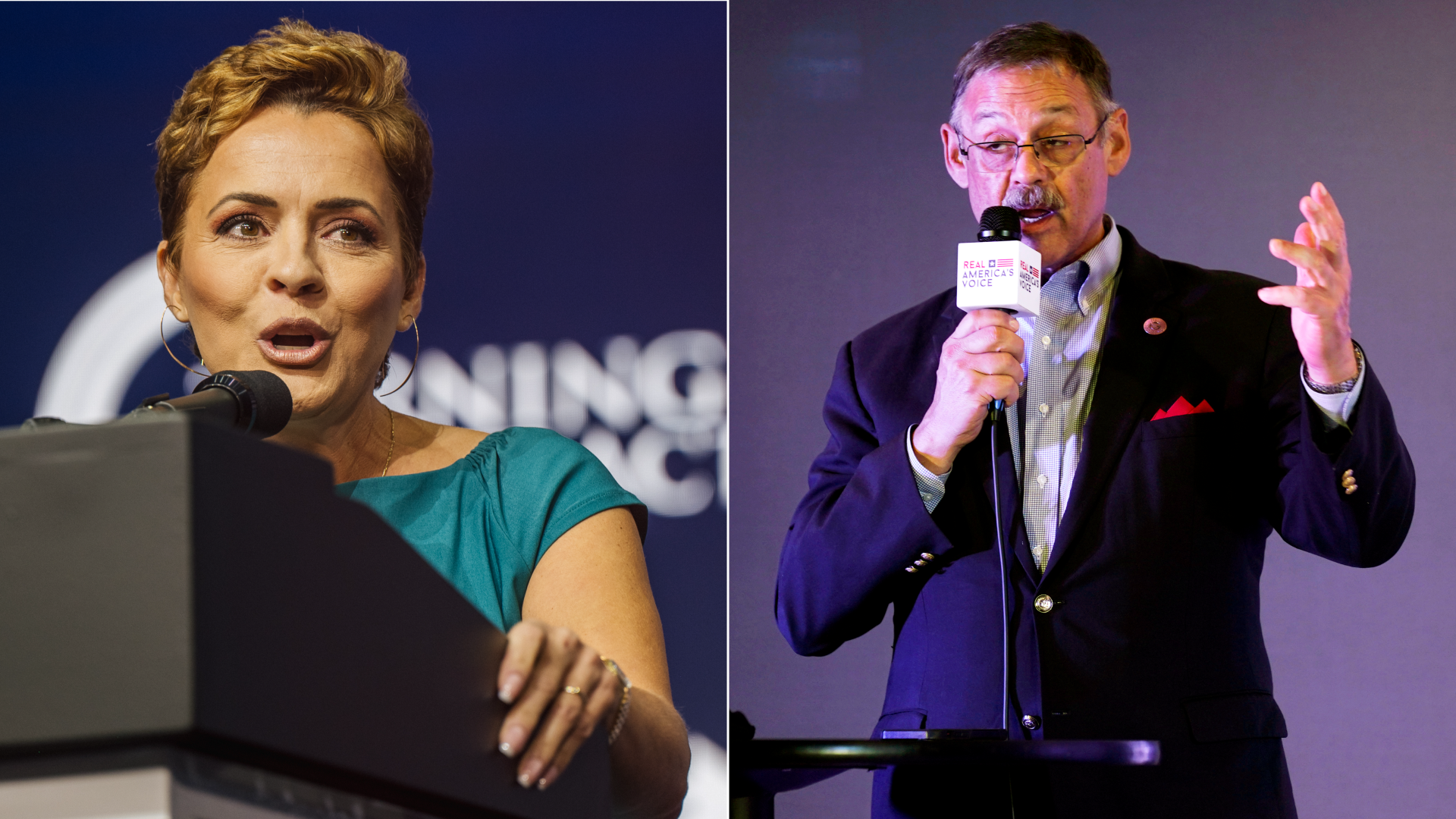 Side by side photos of Arizona governor candidate Kari Lake and Arizona secretary of state candidate Mark Finchem
