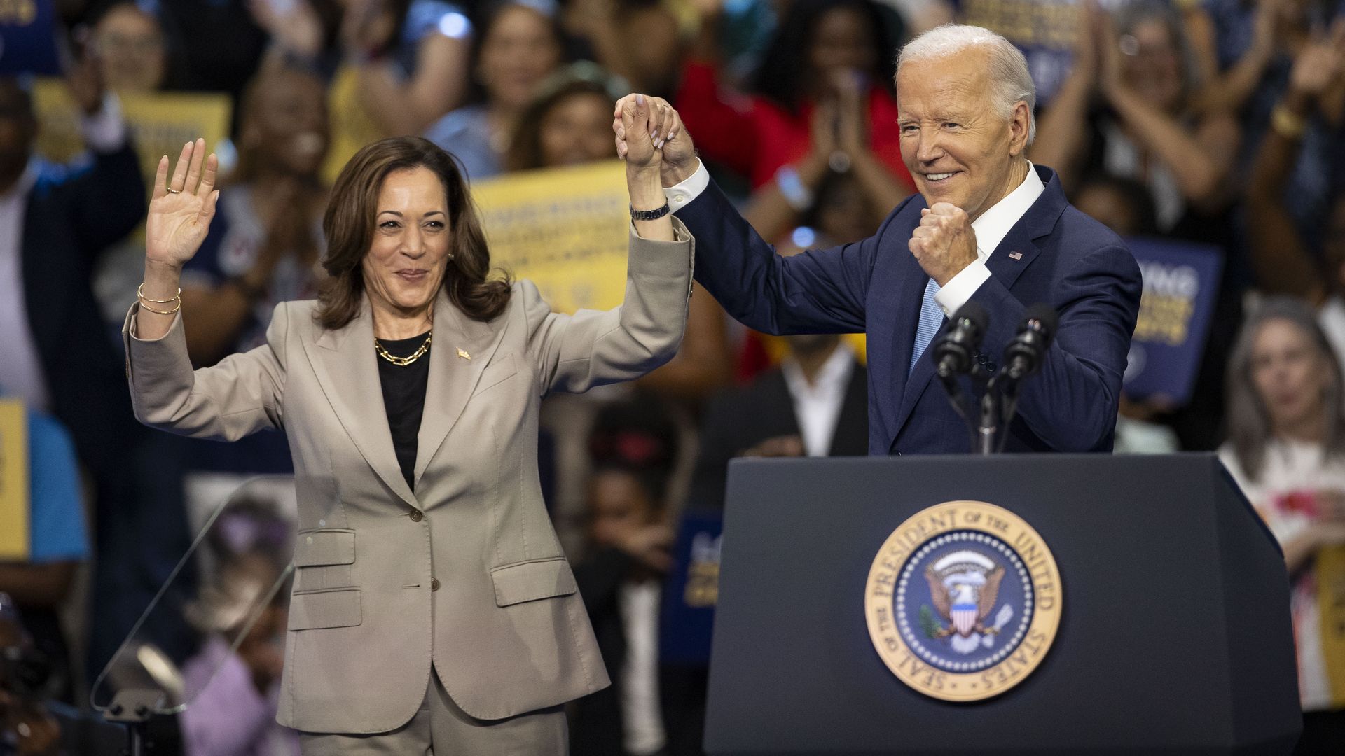 President Joe Biden and Vice President Kamala Harris attend event on Medicare drug price negotiations in Prince George's County in Maryland, United States on August 15, 2024.
