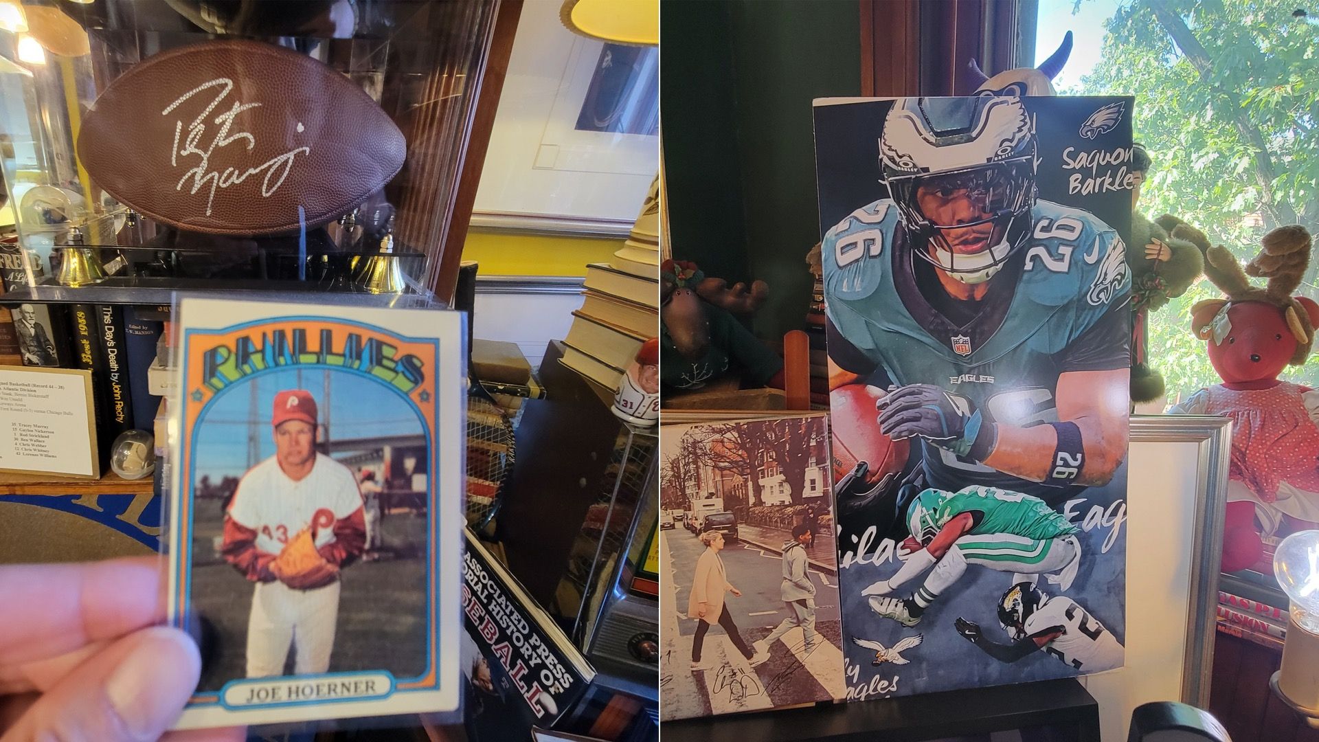 From left to right: Collage showing a vintage Joe Hoerner Phillies baseball card and a Saquon Barkley Eagles poster.