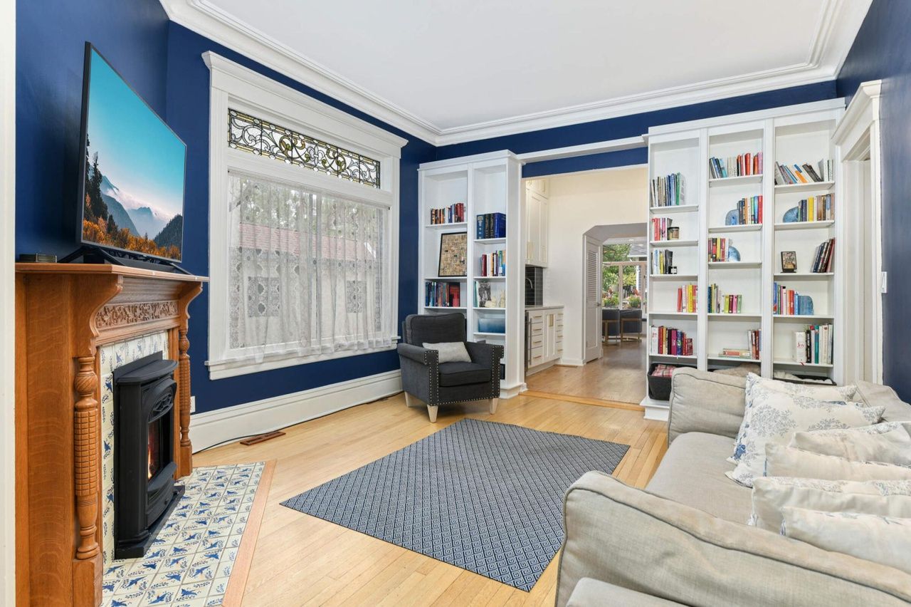 family room with bookshelves