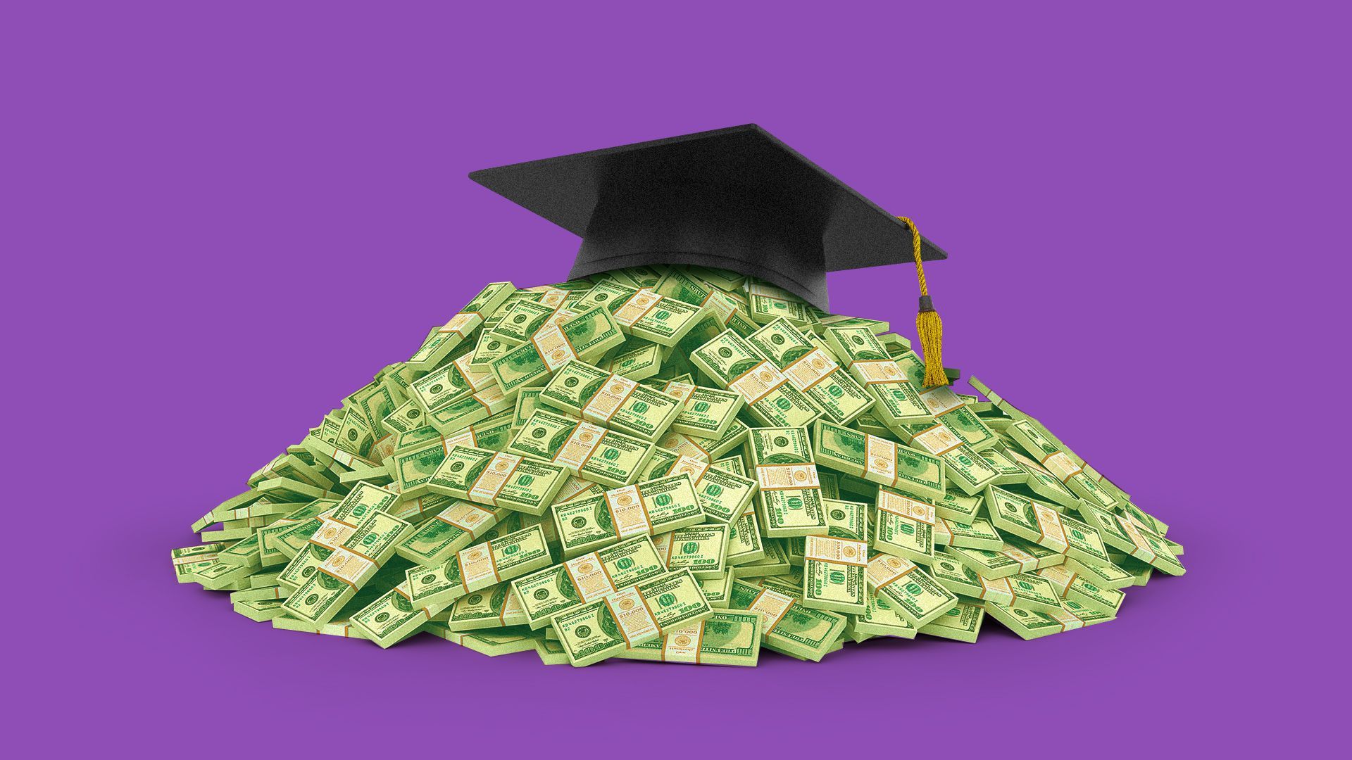 Illustration of a large pile of money with a graduation cap on top.  