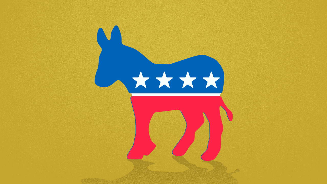 Illustration of the Democratic party donkey logo, with the American flag-themed design changing to a Chicago flag.