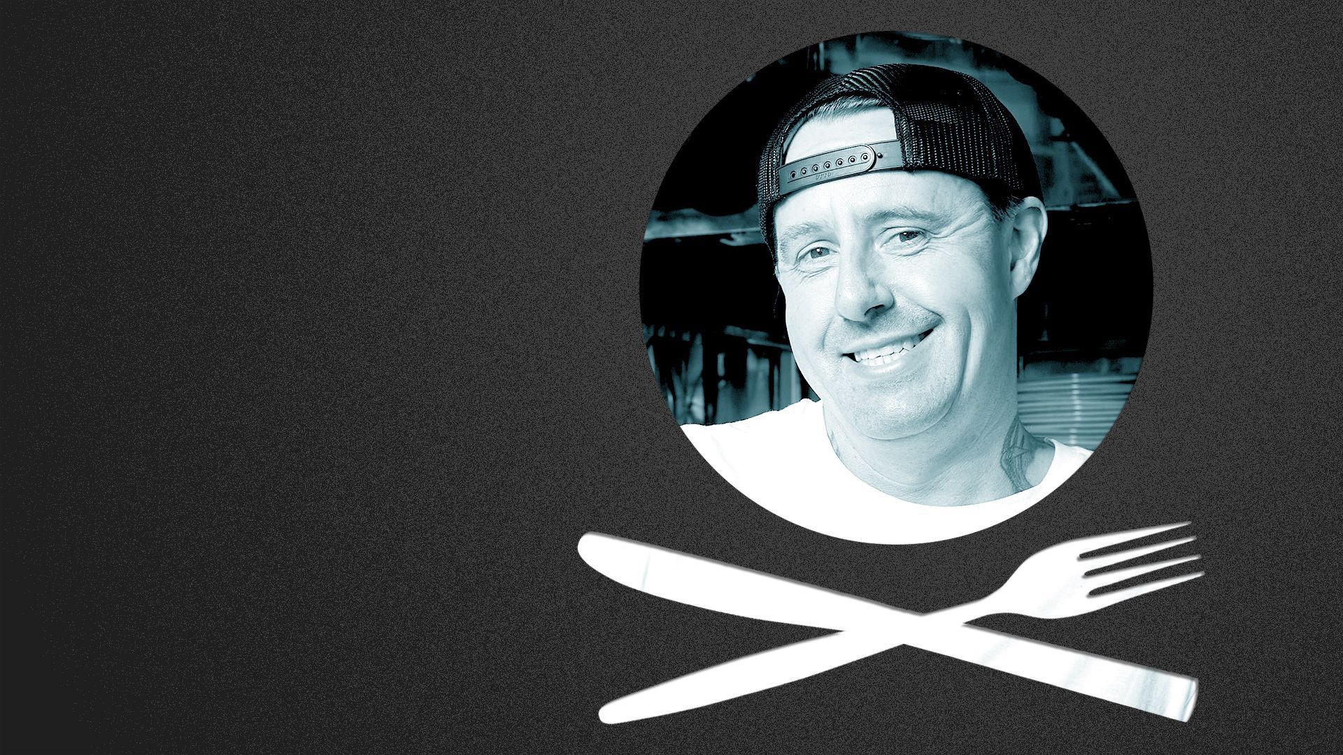 Photo illustration of a place setting shaped like a skull and crossbones containing a photo of Gabriel Rucker.