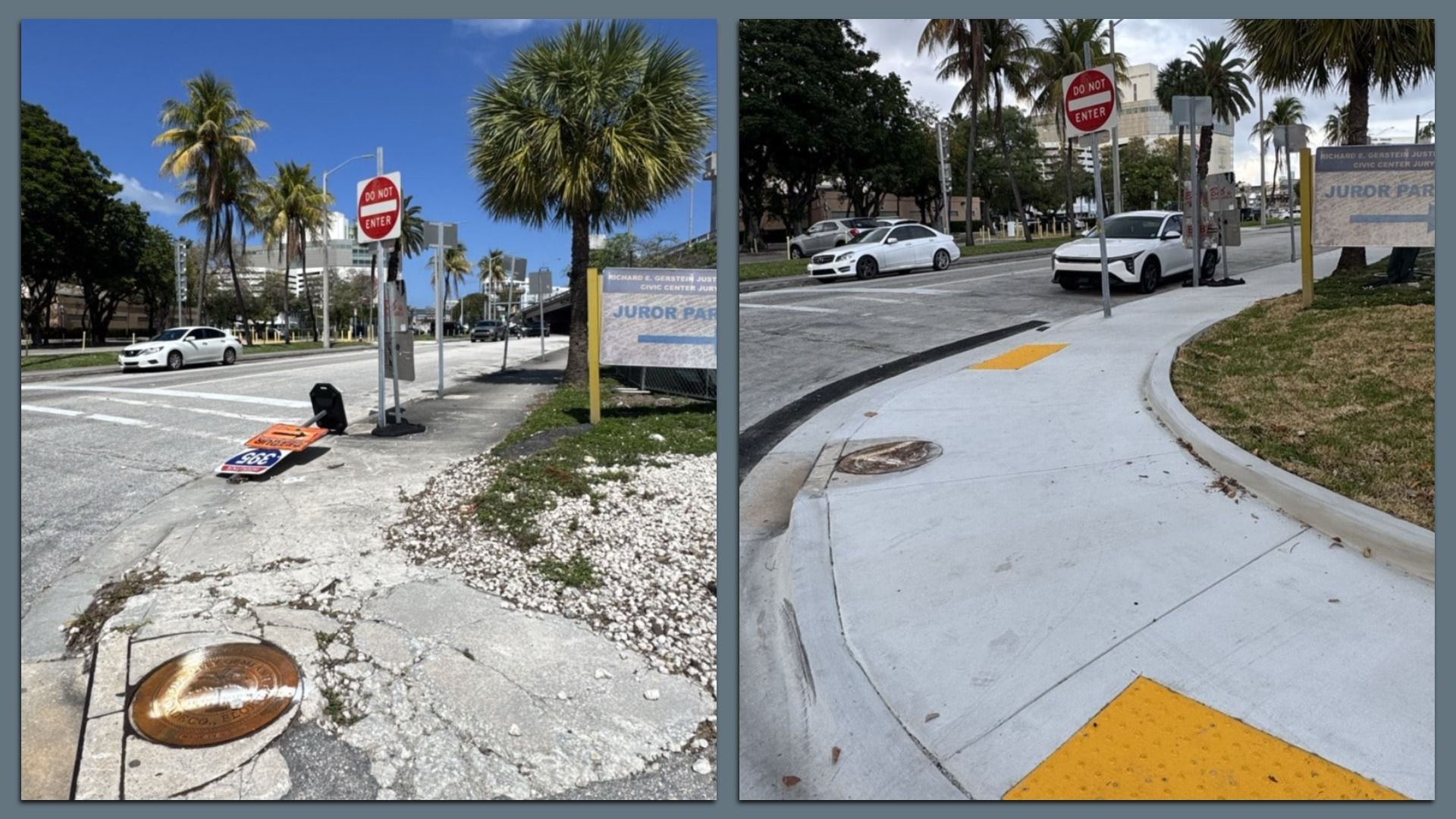 Two side-by-side street scenes: sunny day, palm trees, white cars, and Do Not Enter signs. A sidewalk ramp and a juror parking sign sit near cracked pavement with a manhole cover.