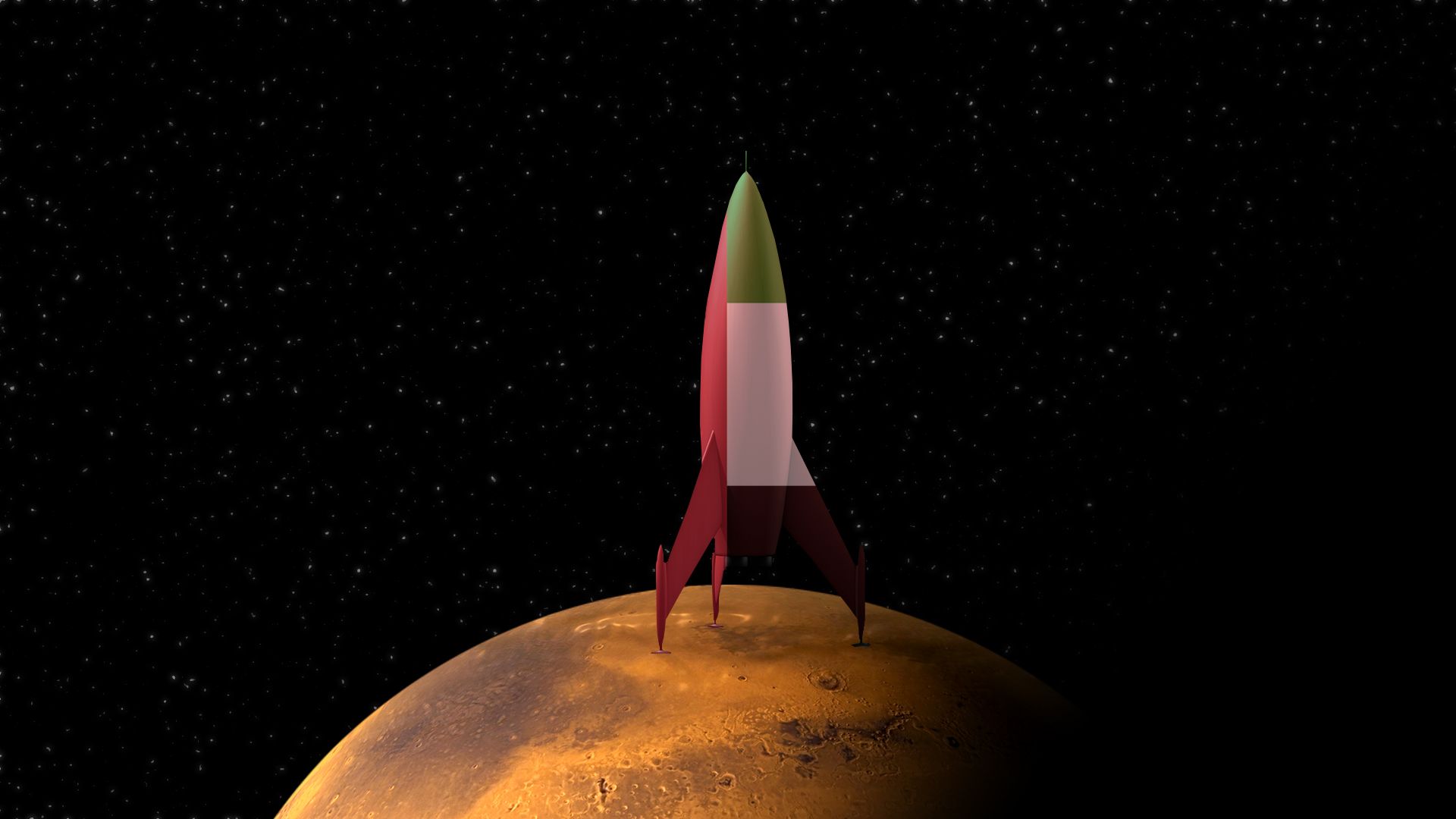 Illustration of rocket on Mars with United Arab Emirate colors