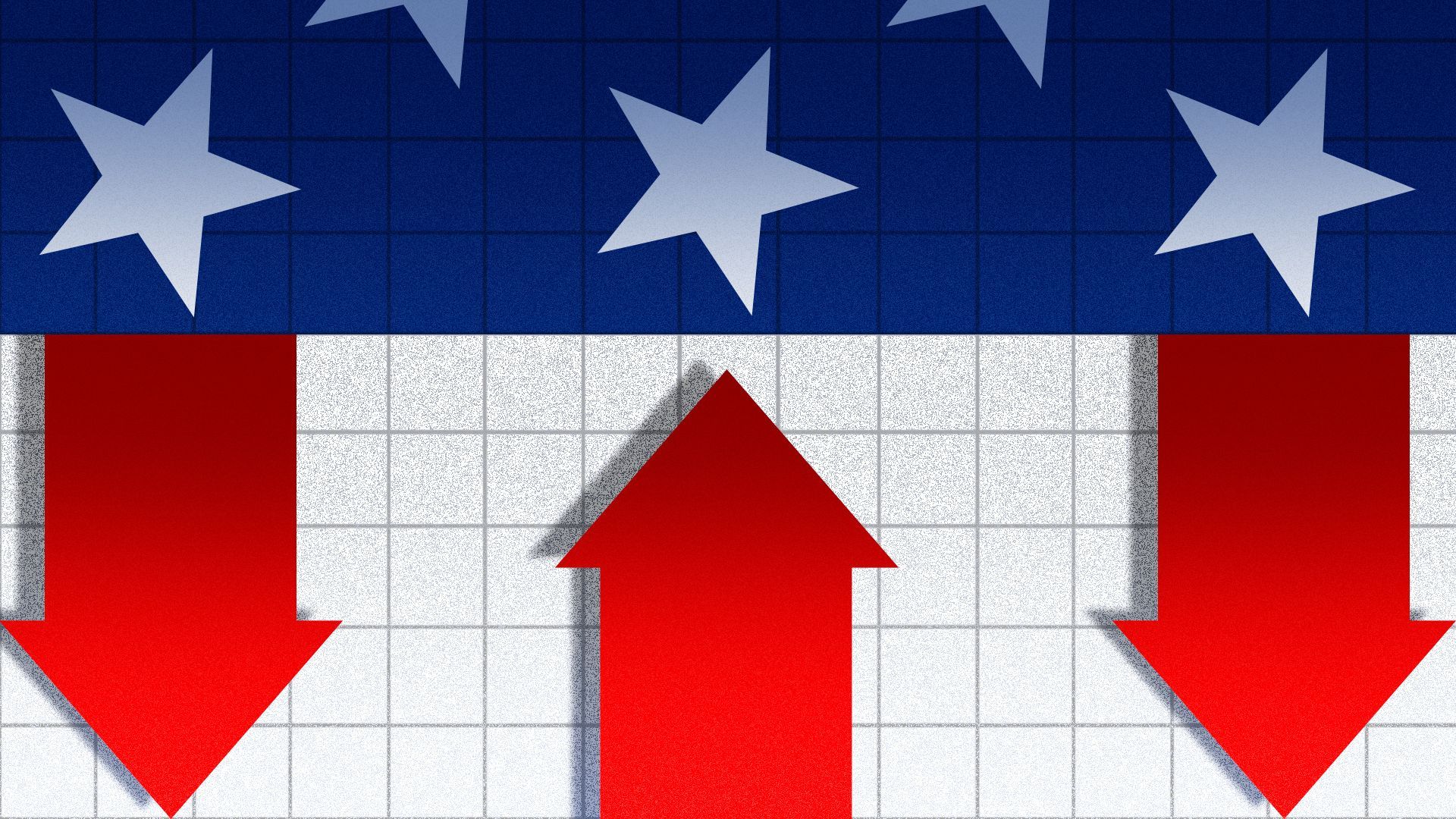 Illustration of the United States flag as a bar chart with red arrows pointing up and down